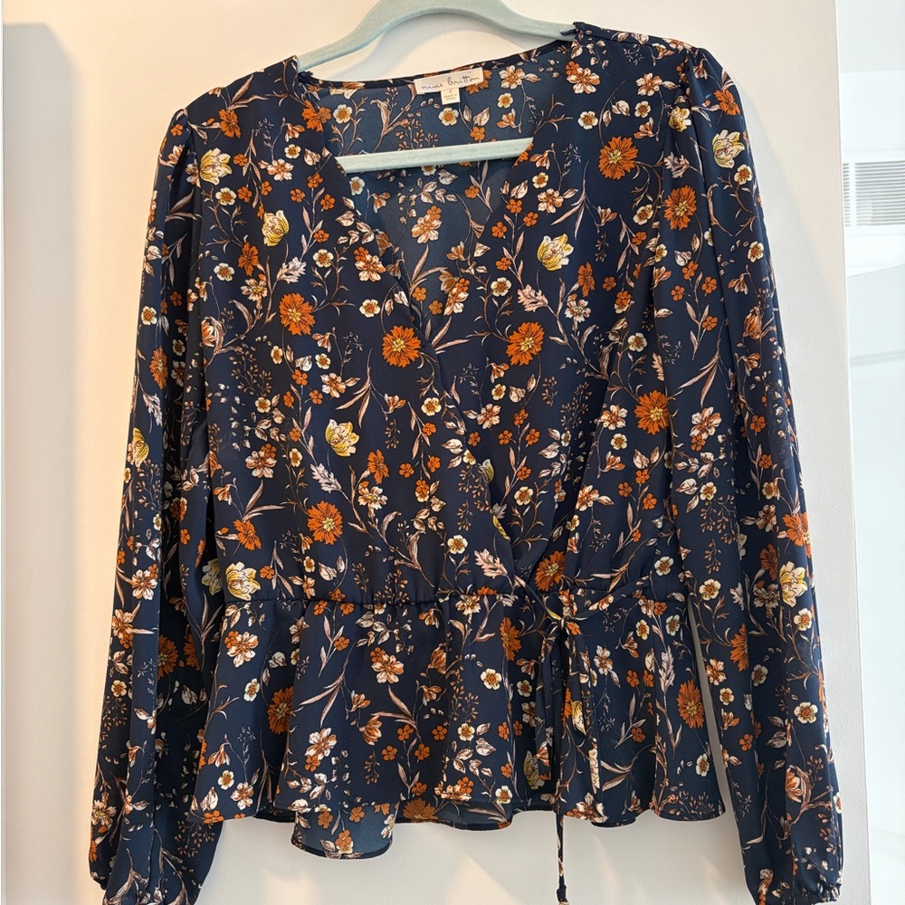 nine britton Navy Floral Wrap Blouse with Orange Accents